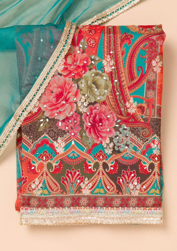 Peacock Blue Printed Georgette Unstitched Salwar Suit-Koskii