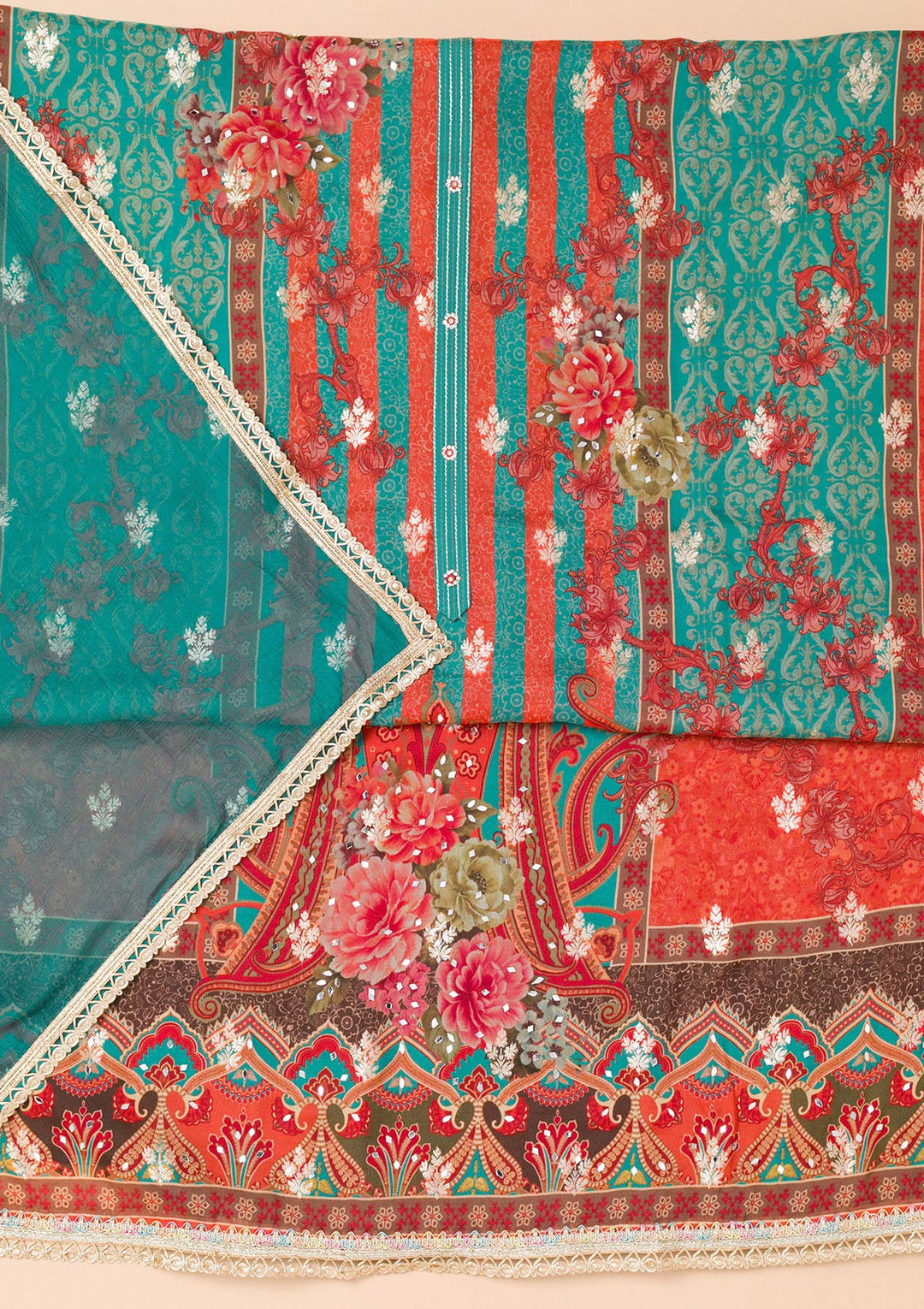 Peacock Blue Printed Georgette Unstitched Salwar Suit-Koskii