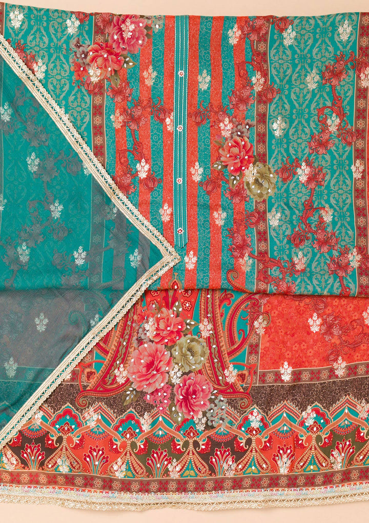 Peacock Blue Printed Georgette Unstitched Salwar Suit-Koskii