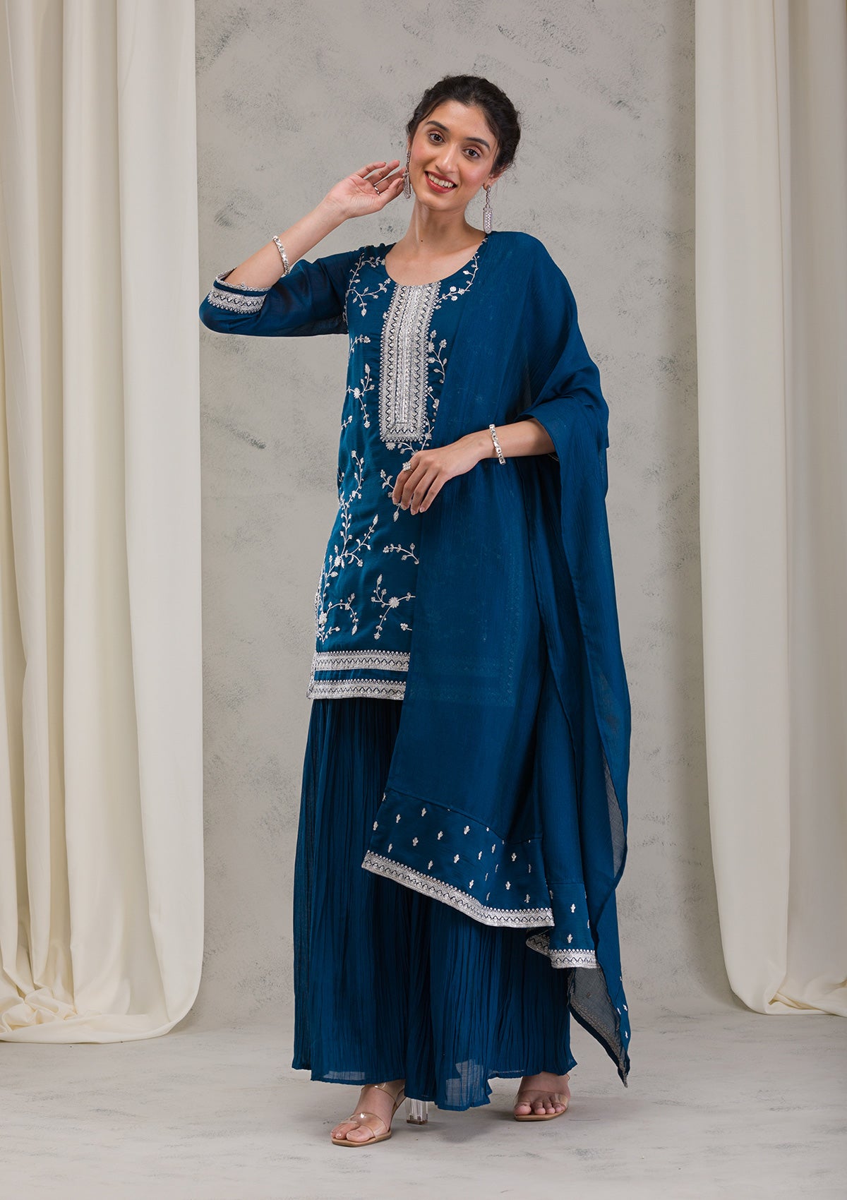 Peacock Blue Threadwork Raw Silk Readymade Salwar Kameez