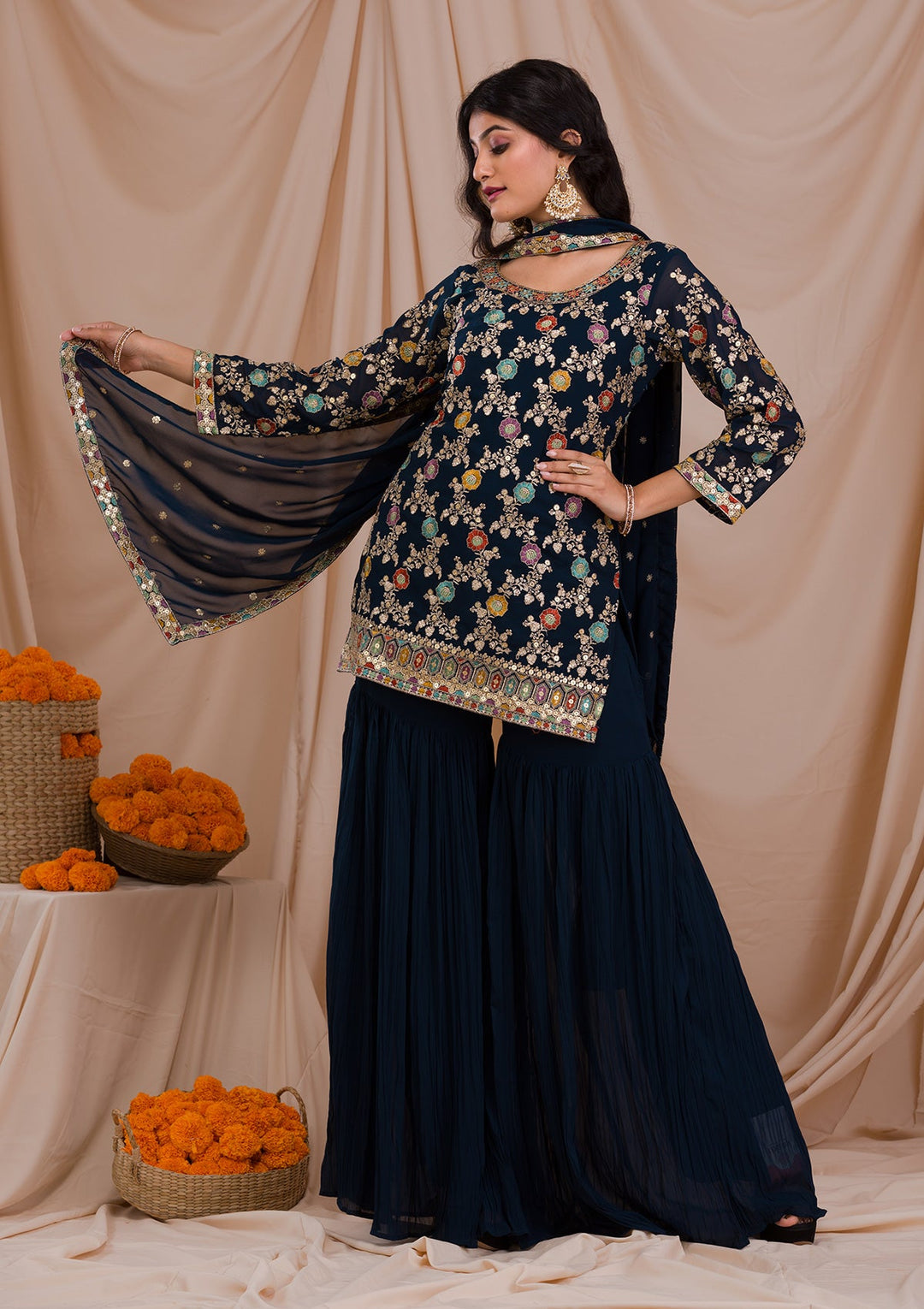 Peacock Blue Zariwork Georgette Readymade Salwar Suit-Koskii