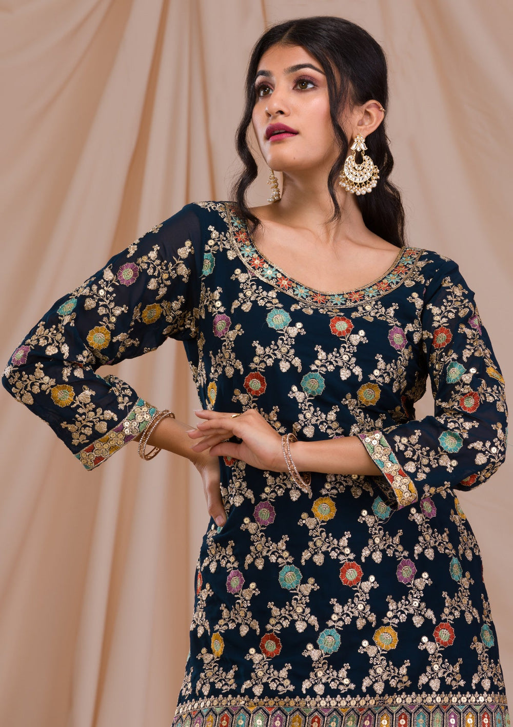 Peacock Blue Zariwork Georgette Readymade Salwar Suit-Koskii