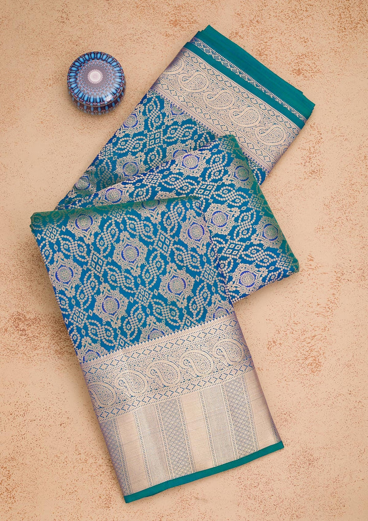 Peacock Blue Zariwork Pure Silk Saree-Koskii