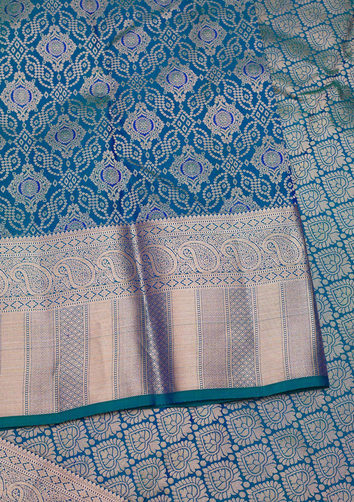 Peacock Blue Zariwork Pure Silk Saree-Koskii