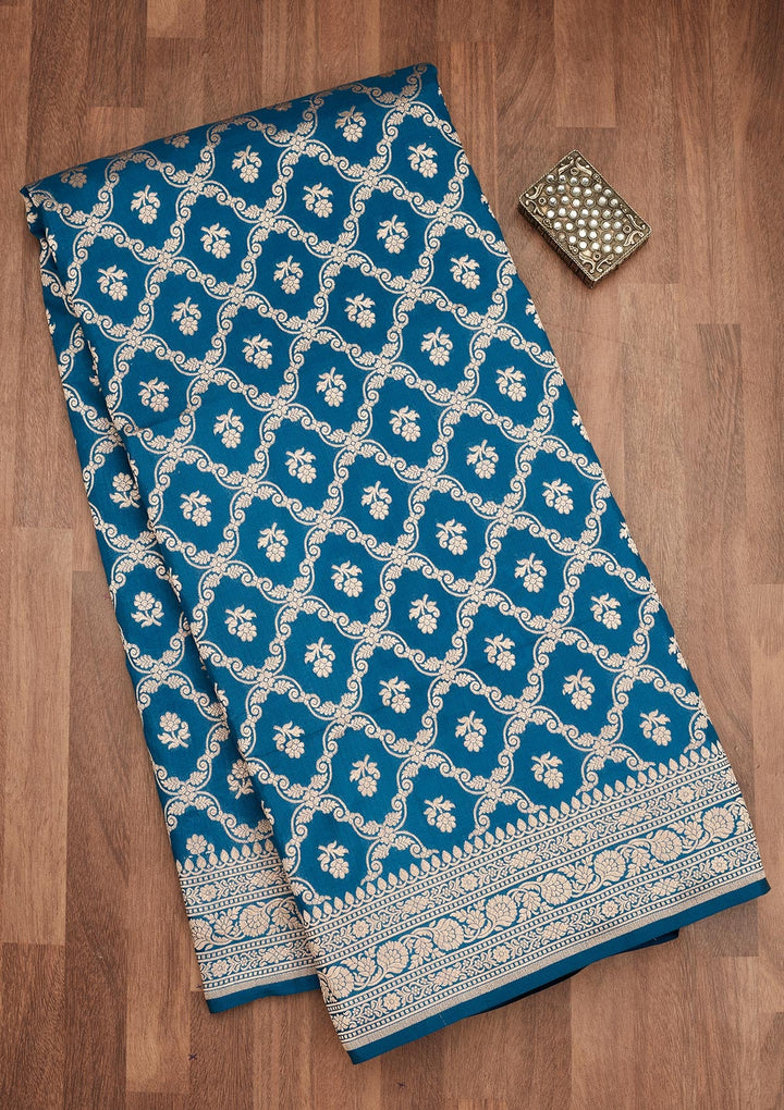 Peacock Blue Zariwork Pure Silk Saree-Koskii