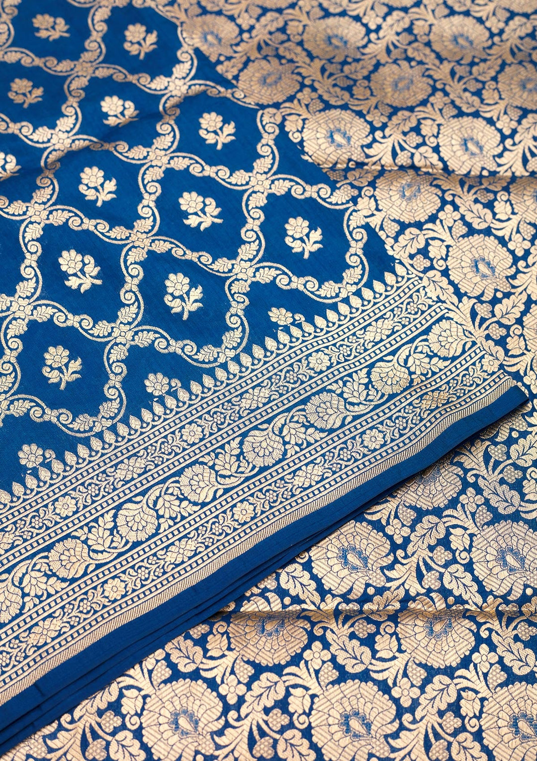 Peacock Blue Zariwork Pure Silk Saree-Koskii