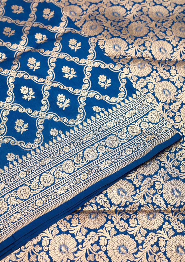 Peacock Blue Zariwork Pure Silk Saree-Koskii