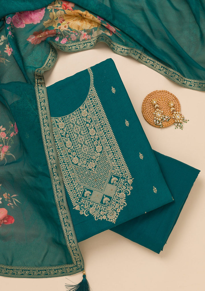 Peacock Blue Zariwork Semi Crepe Unstitched Salwar Suit-Koskii