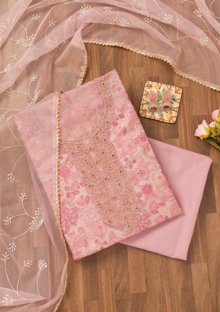 Pink Printed Tissue Unstitched Salwar Suit-Koskii