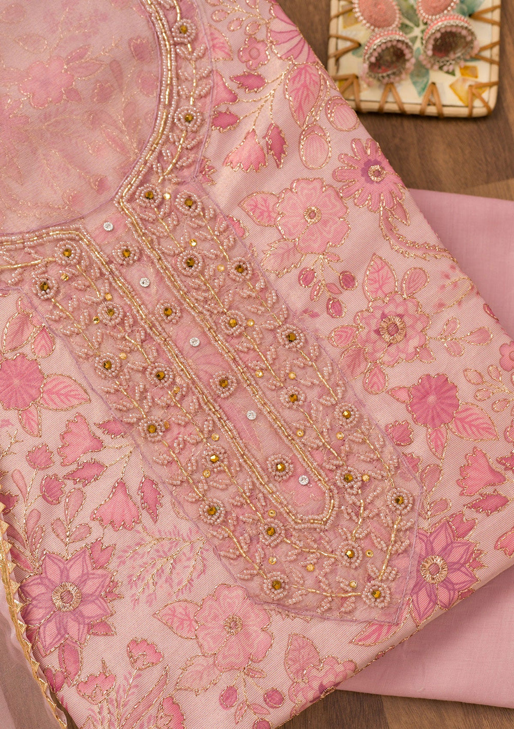 Pink Printed Tissue Unstitched Salwar Suit-Koskii