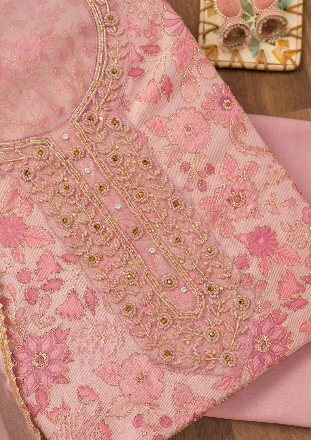 Pink Printed Tissue Unstitched Salwar Suit-Koskii