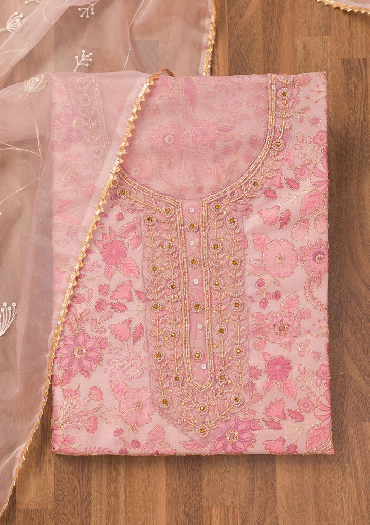 Pink Printed Tissue Unstitched Salwar Suit-Koskii