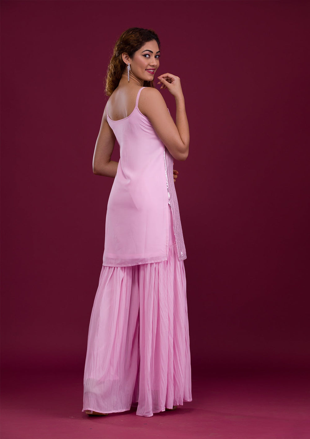 Pink Sequins Georgette Readymade Salwar Kameez-Koskii