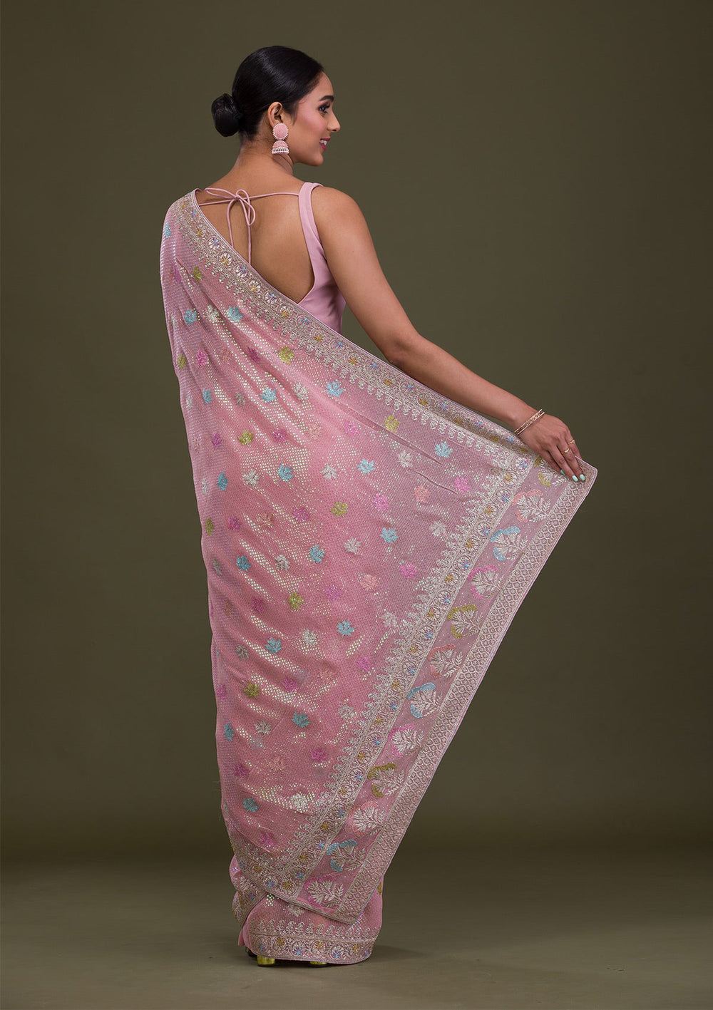 Pink Sequins Georgette Saree-Koskii