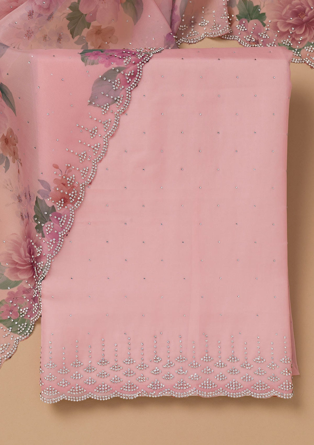 Pink Swarovski Organza Unstitched Salwar Suit-Koskii