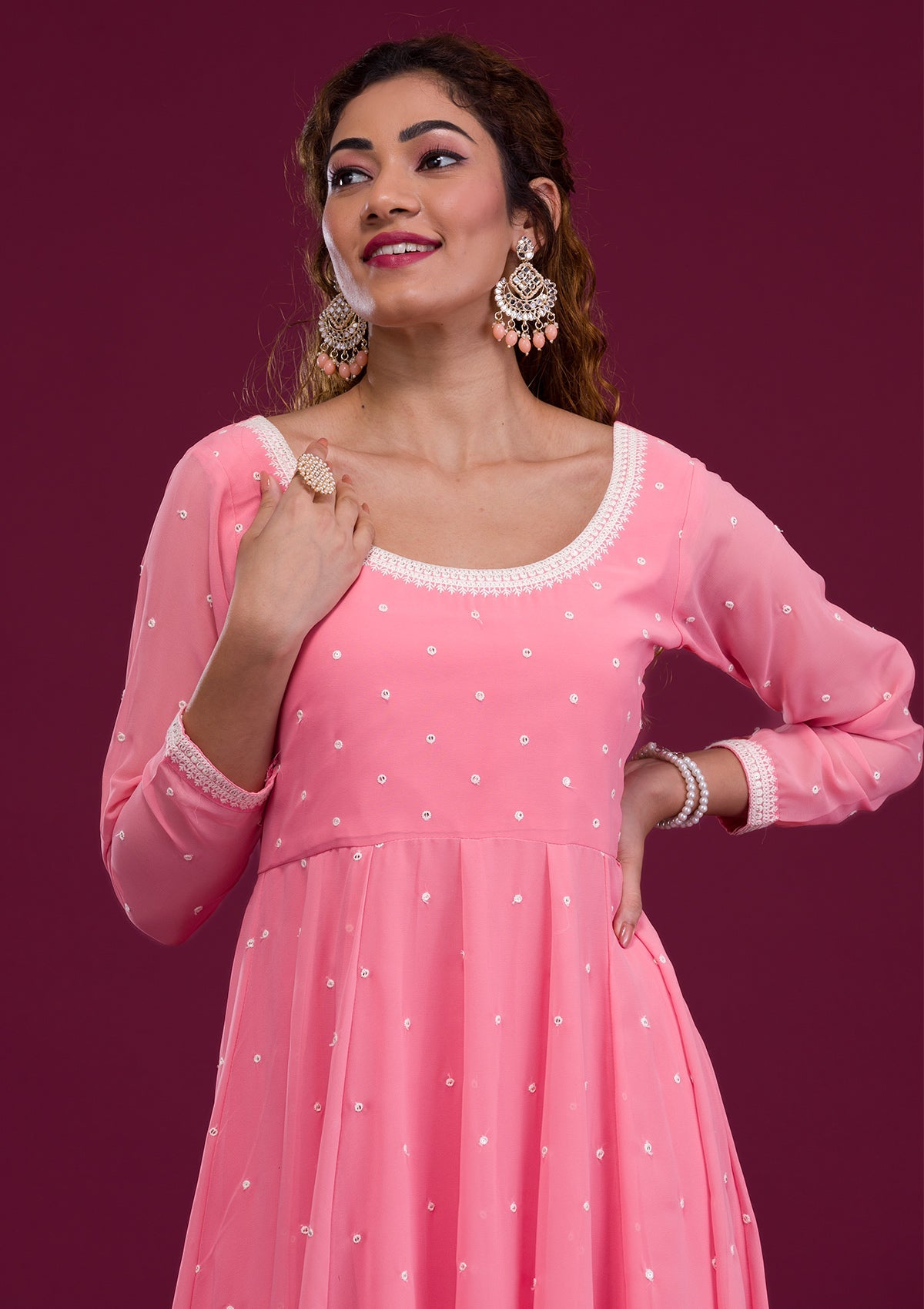 Pink Threadwork Georgette Readymade Salwar Kameez-Koskii