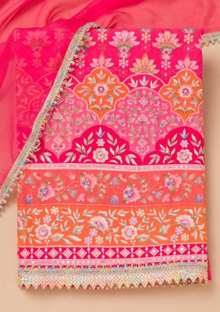 Pink Threadwork Georgette Unstitched Salwar Suit-Koskii