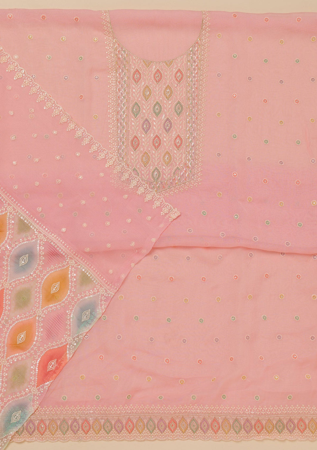 Pink Threadwork Georgette Unstitched Salwar Suit-Koskii