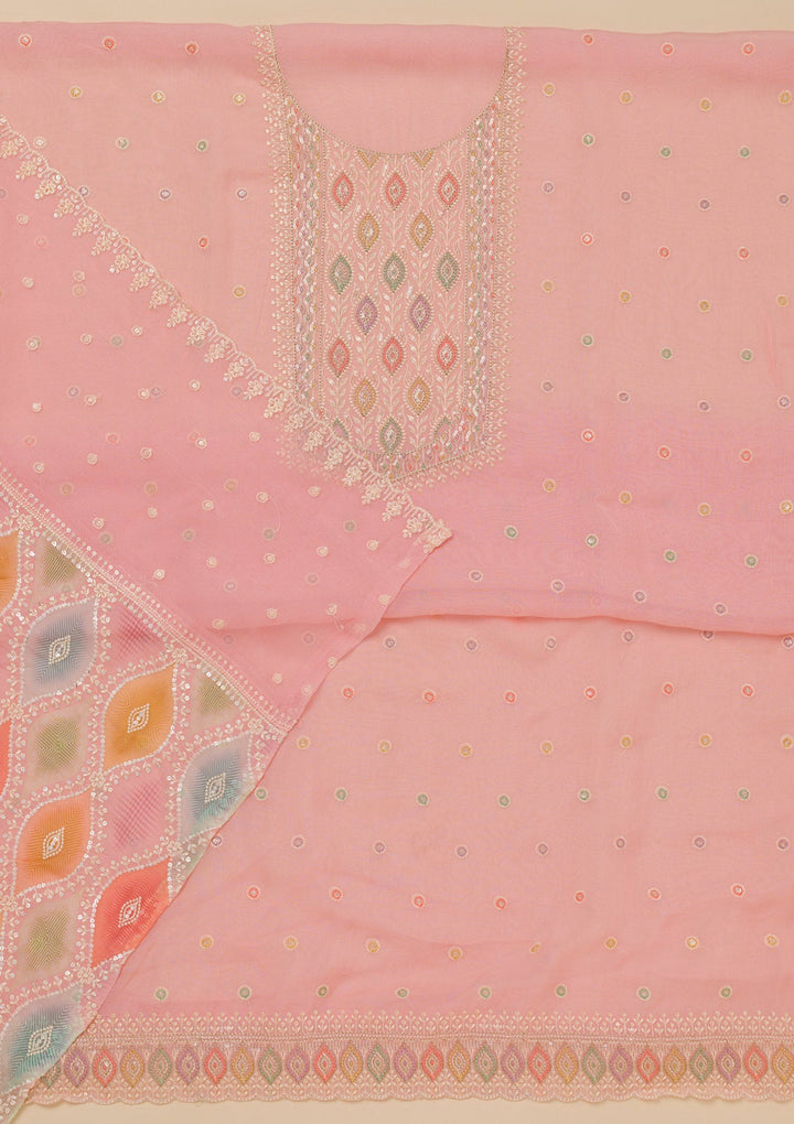 Pink Threadwork Georgette Unstitched Salwar Suit-Koskii