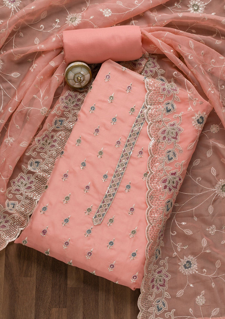 Pink Threadwork Tissue Unstitched Salwar Suit-Koskii