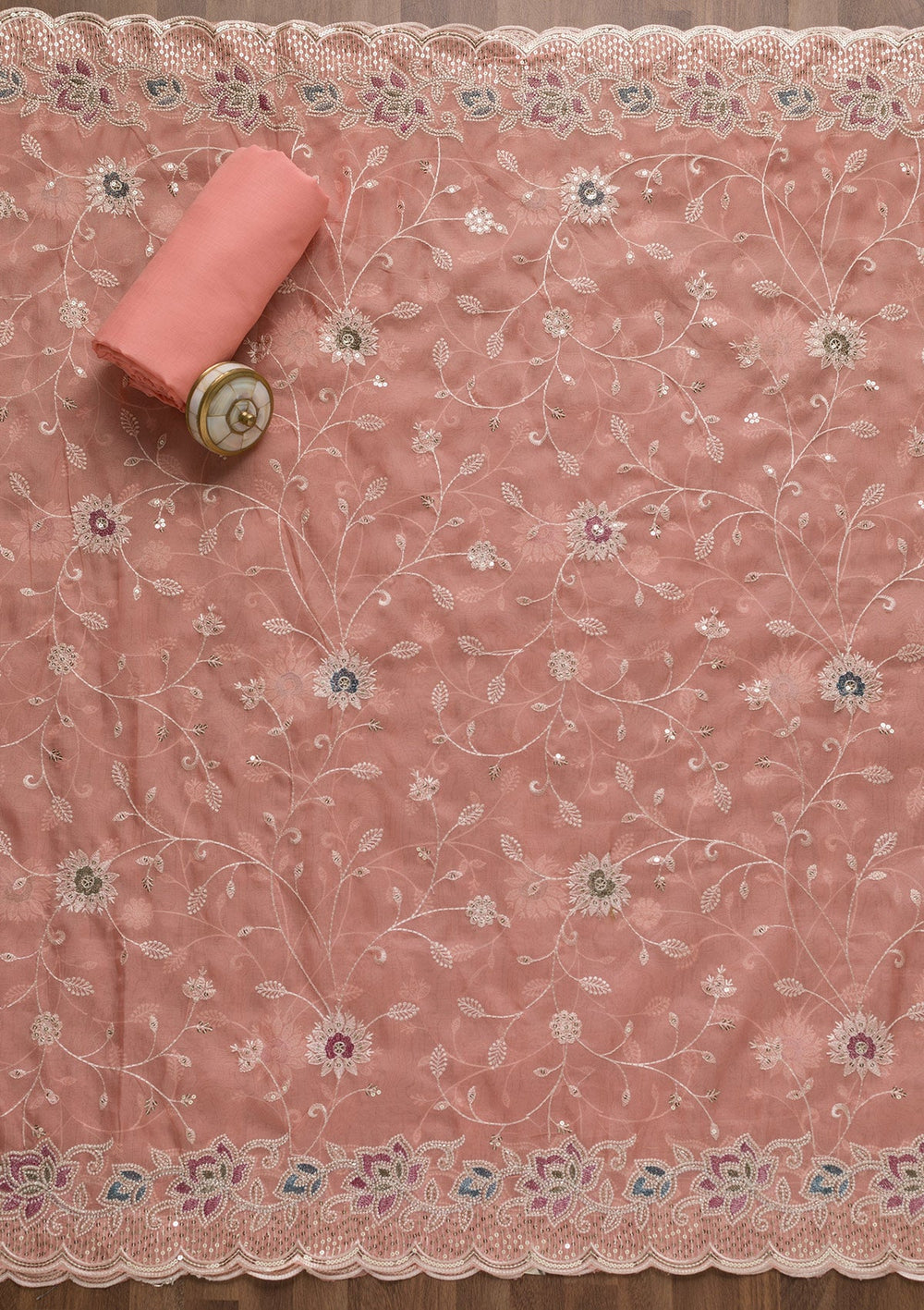 Pink Threadwork Tissue Unstitched Salwar Suit-Koskii