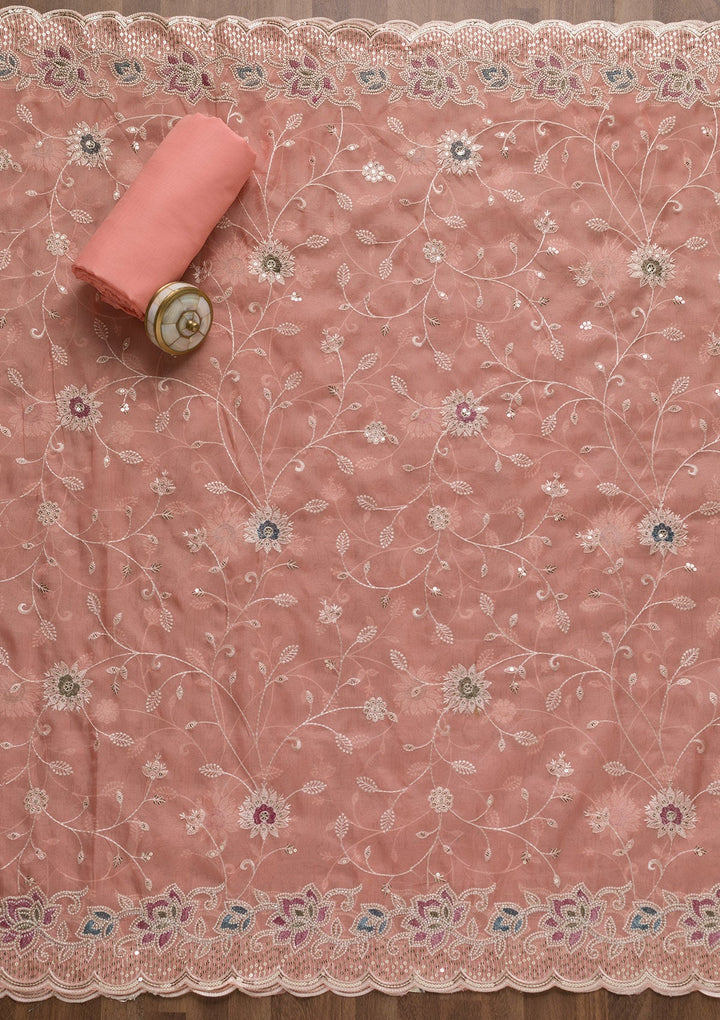 Pink Threadwork Tissue Unstitched Salwar Suit-Koskii