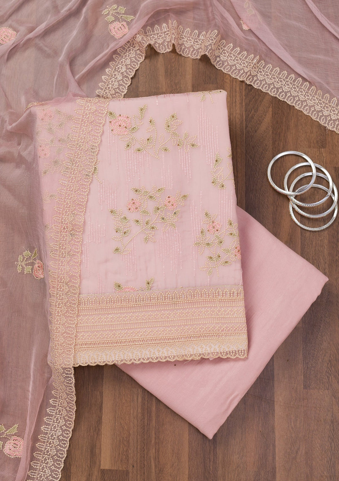 Pink Threadwork Tissue Unstitched Salwar Suit-Koskii