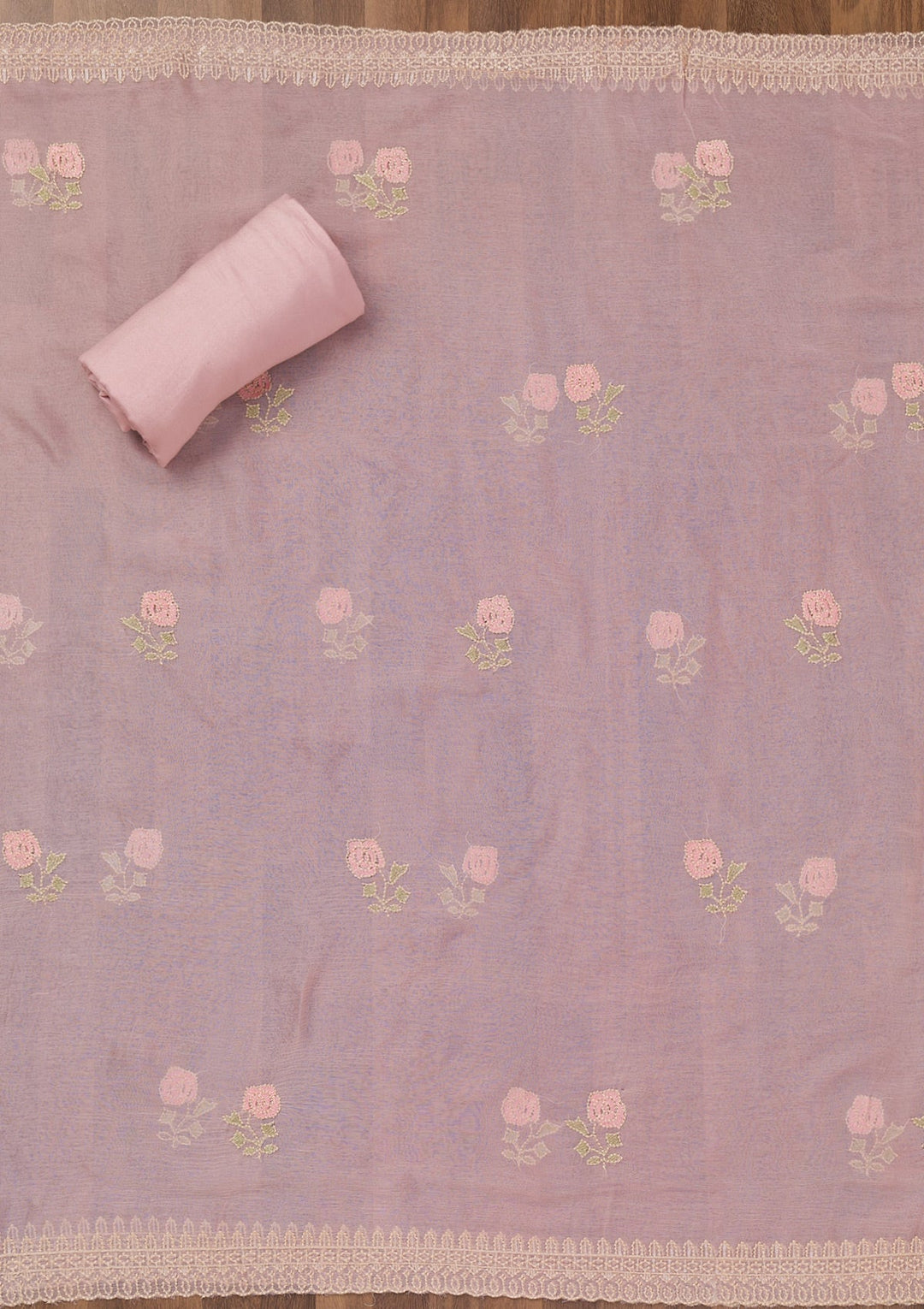 Pink Threadwork Tissue Unstitched Salwar Suit-Koskii