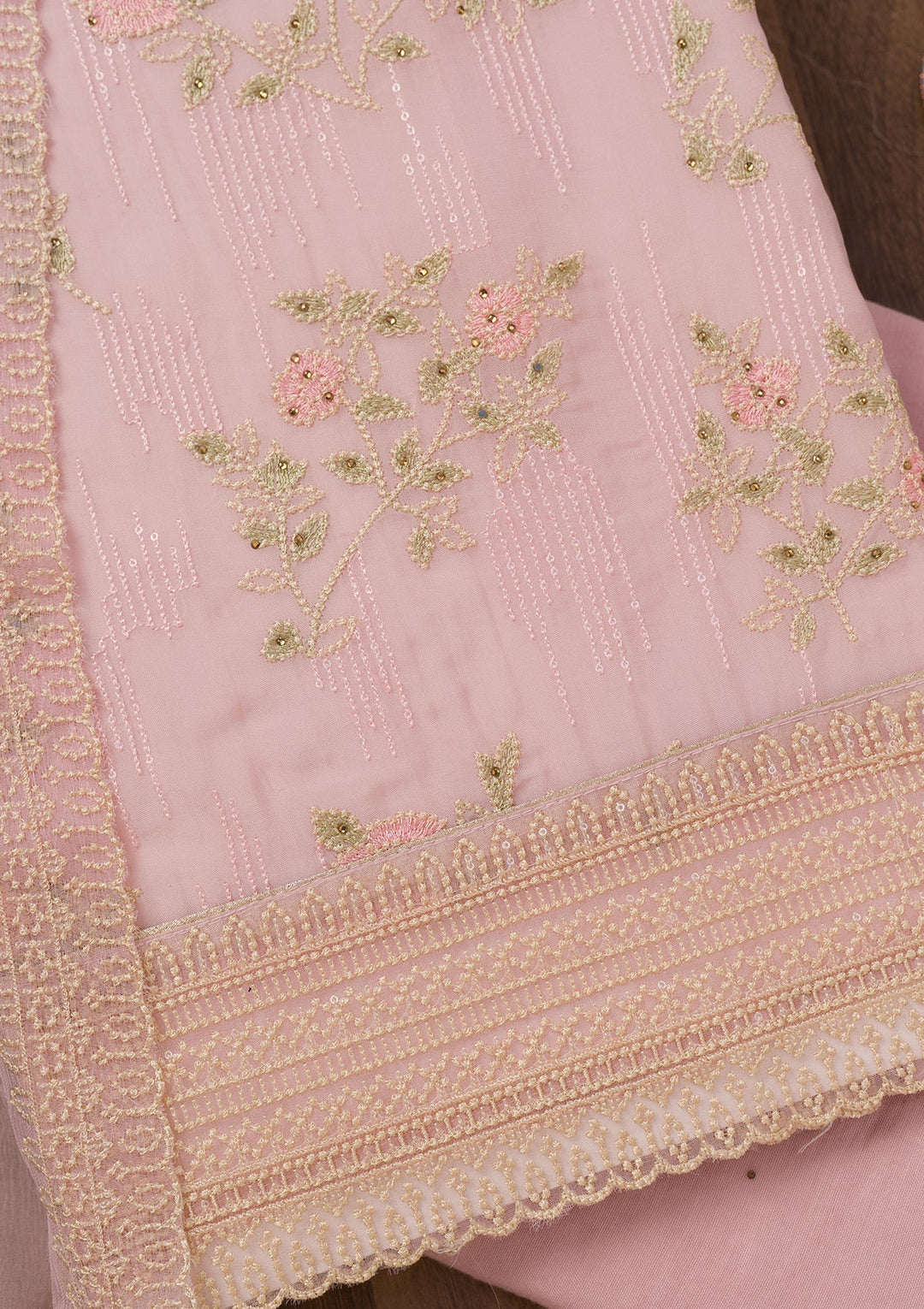 Pink Threadwork Tissue Unstitched Salwar Suit-Koskii