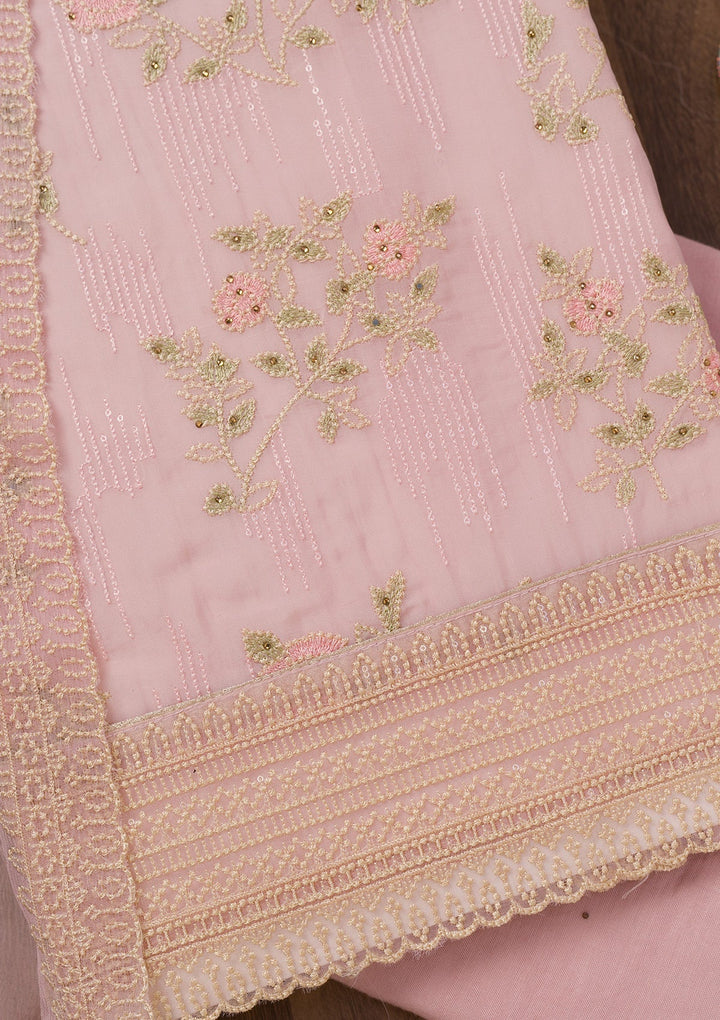 Pink Threadwork Tissue Unstitched Salwar Suit-Koskii