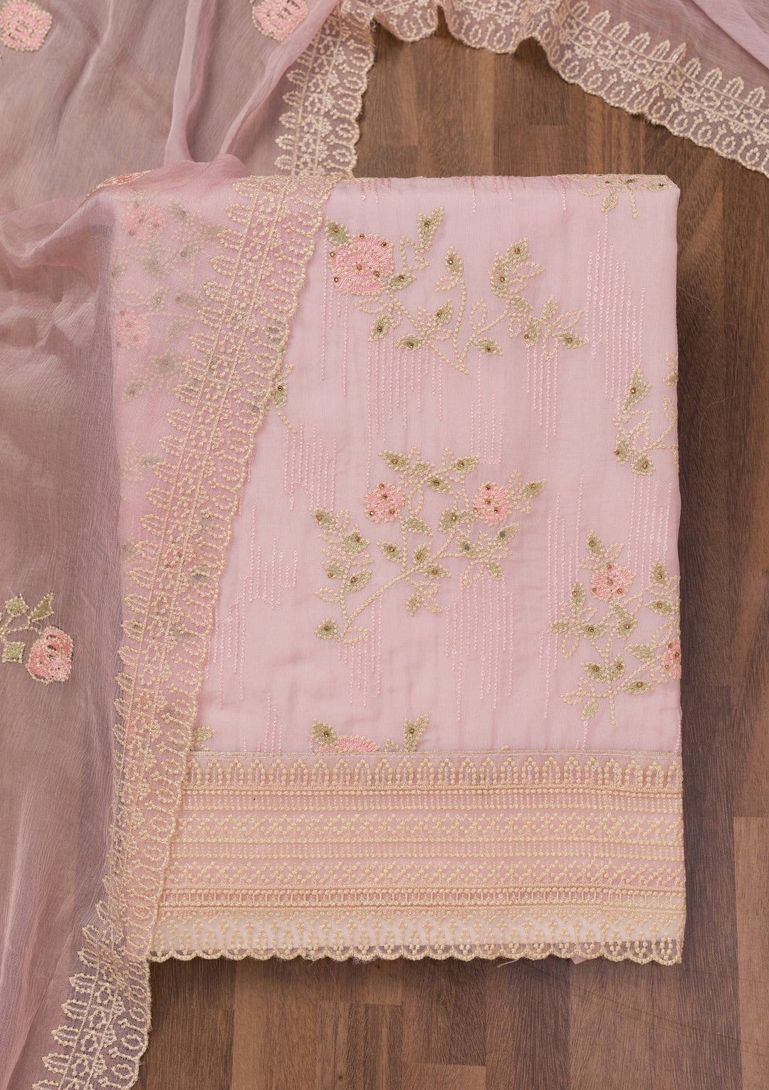 Pink Threadwork Tissue Unstitched Salwar Suit-Koskii