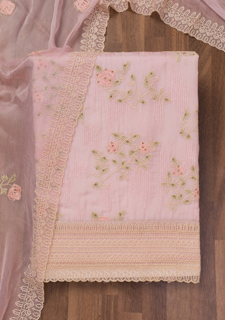 Pink Threadwork Tissue Unstitched Salwar Suit-Koskii