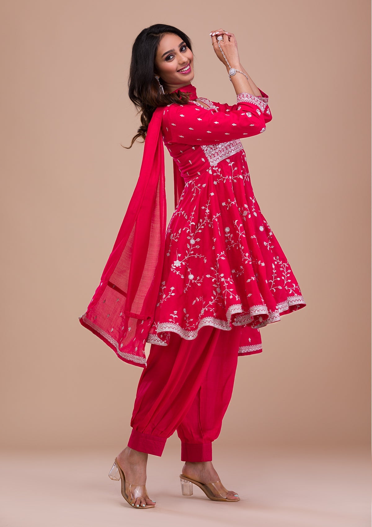 Pink Zariwork Art Silk Readymade Sharara Kameez