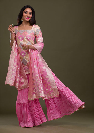 Pink Zariwork Banarasi Readymade Sharara Kameez