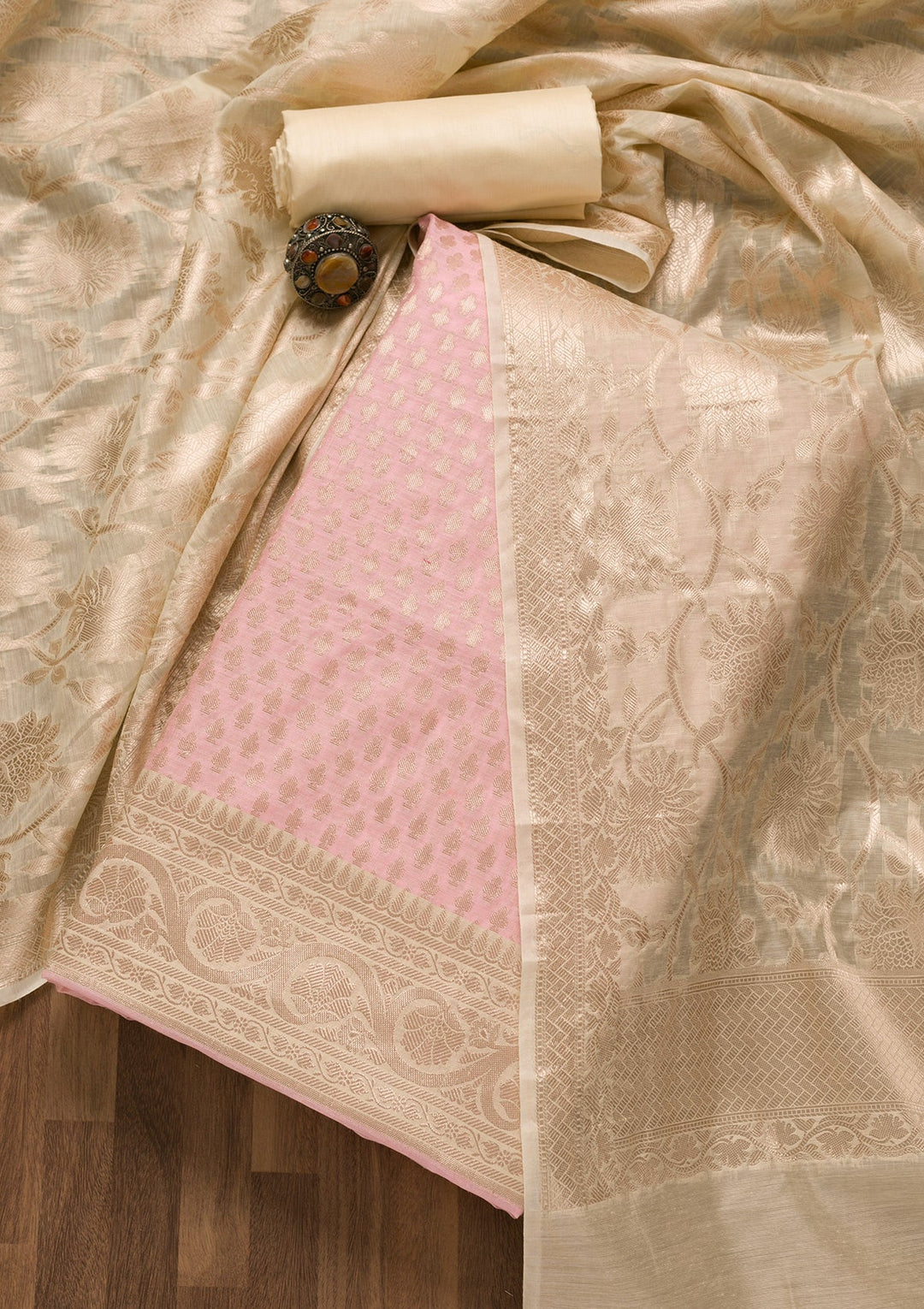 Pink Zariwork Banarasi Unstitched Salwar Suit-Koskii
