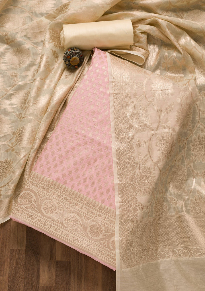Pink Zariwork Banarasi Unstitched Salwar Suit-Koskii