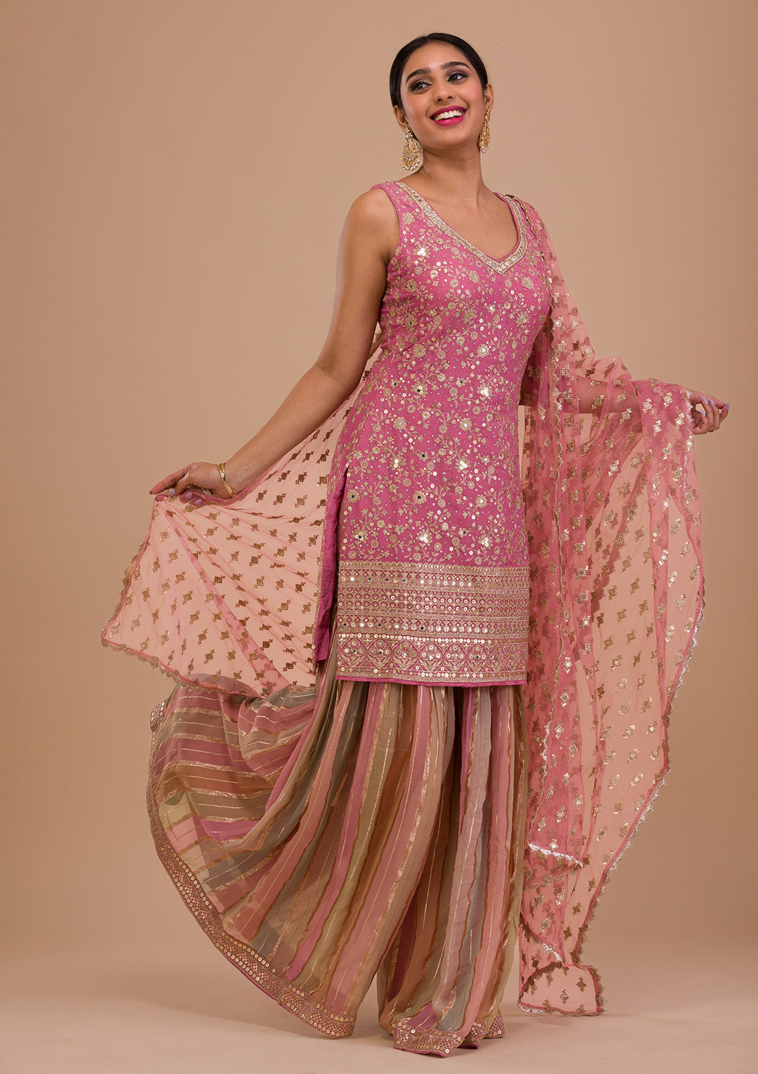 Pink Zariwork Georgette Readymade Salwar Kameez-Koskii