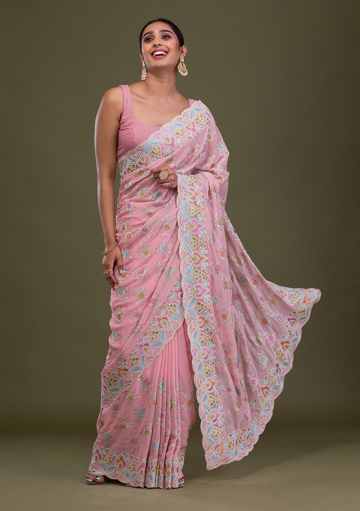 Pink  Floral Georgette Kardana And Zardozi Work Designer Saree