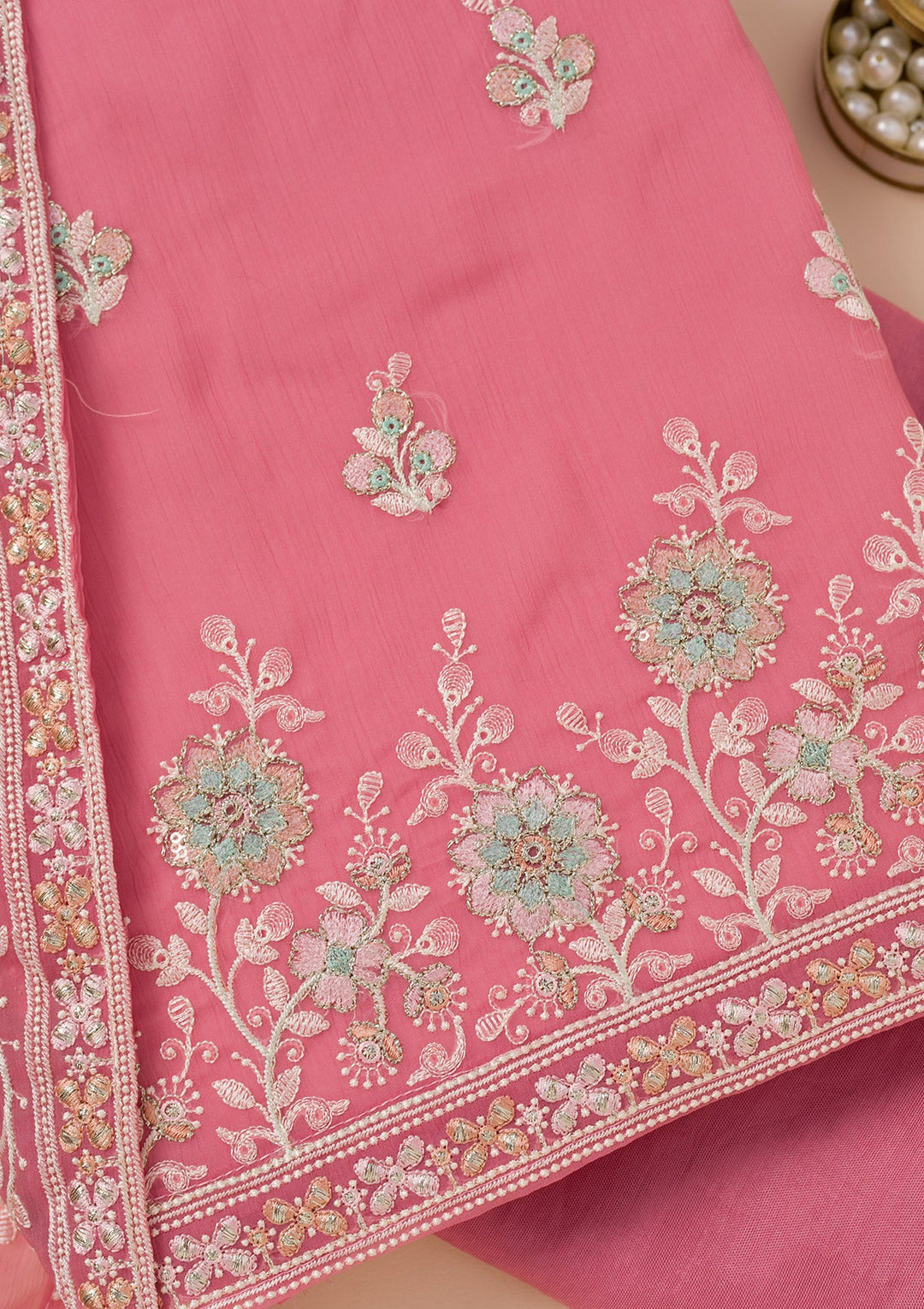 Pink Zariwork Organza Unstitched Salwar Suit-Koskii