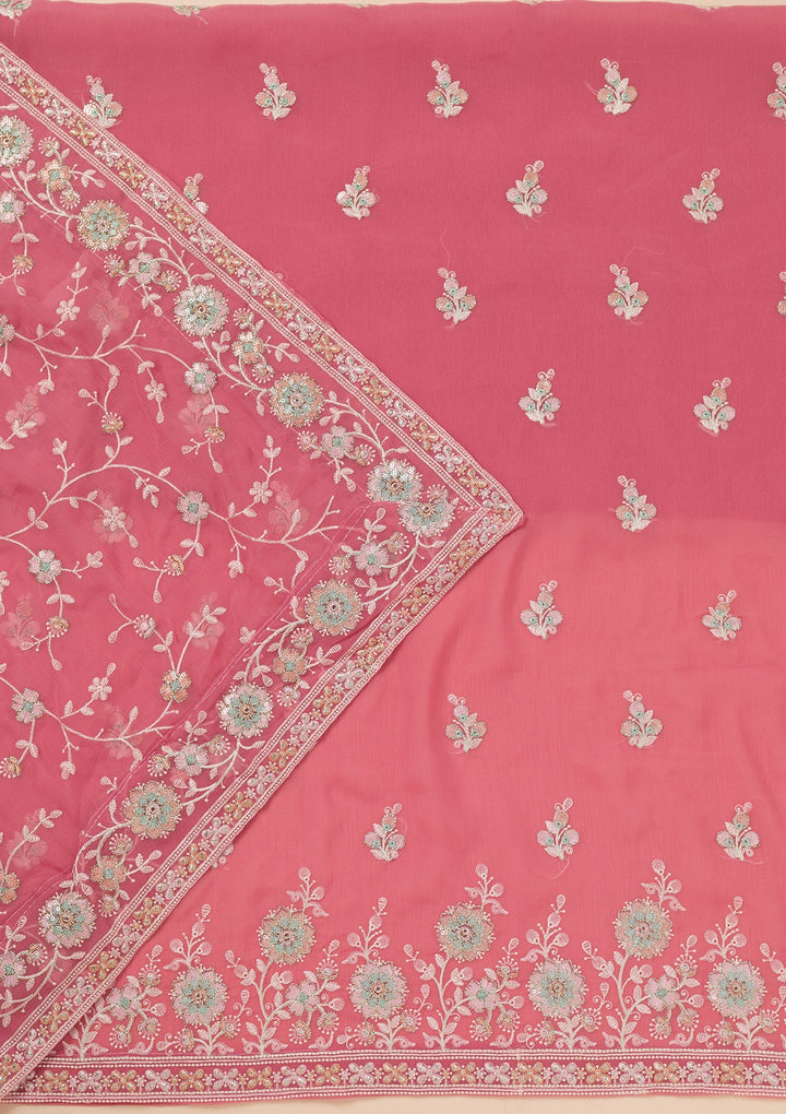 Pink Zariwork Organza Unstitched Salwar Suit-Koskii