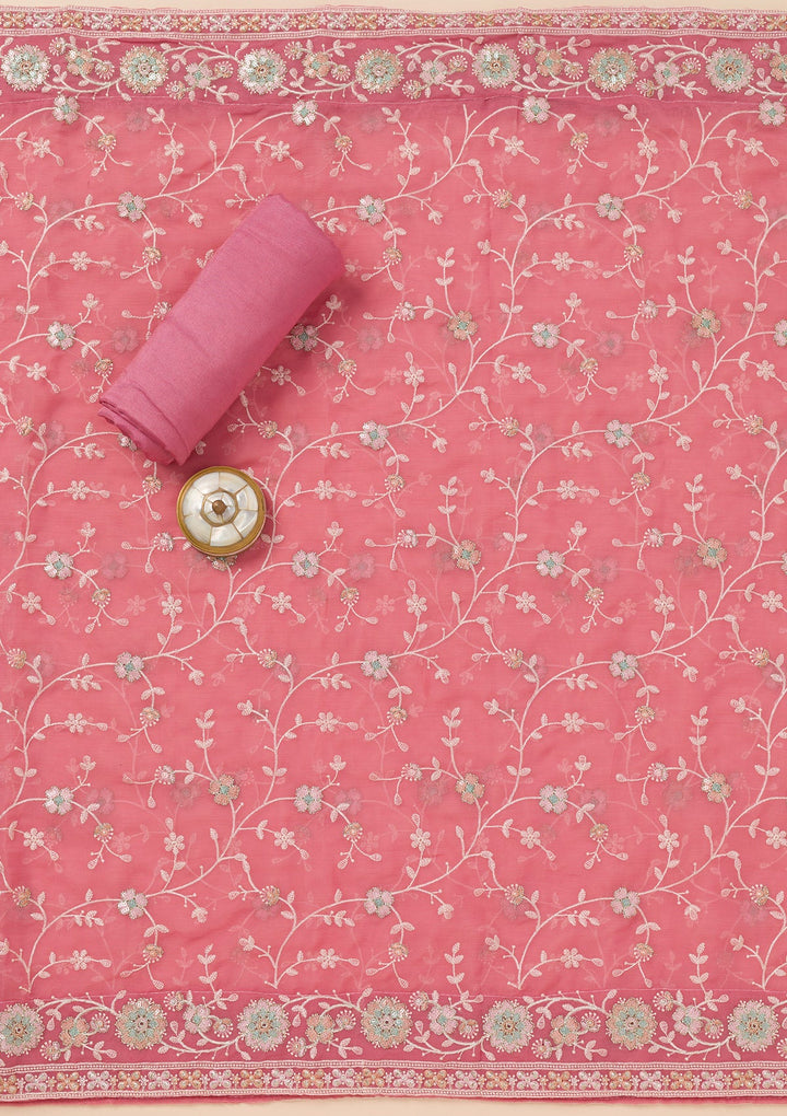 Pink Zariwork Organza Unstitched Salwar Suit-Koskii
