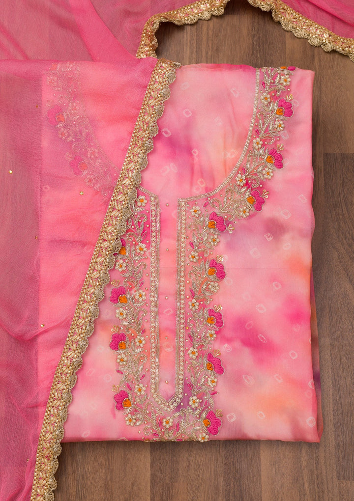 Pink Zariwork Organza Unstitched Salwar Suit-Koskii