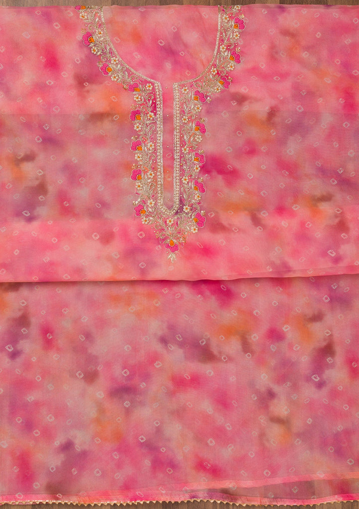 Pink Zariwork Organza Unstitched Salwar Suit-Koskii