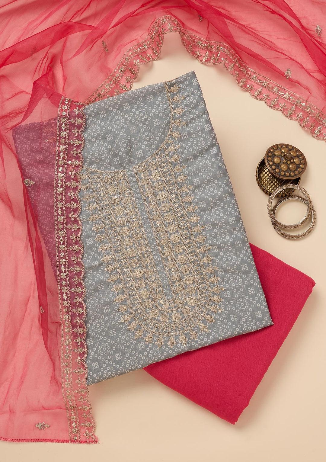 Pink Zariwork Tissue Unstitched Salwar Suit-Koskii