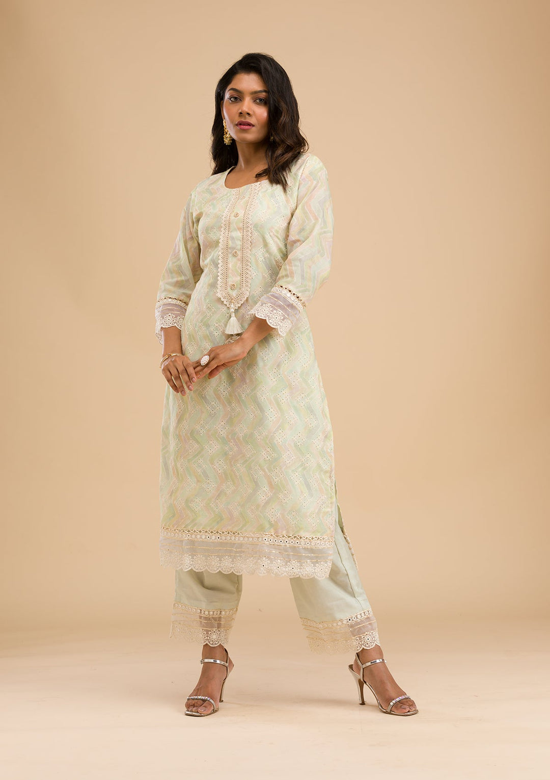 Pista Green Cutwork Cotton Readymade Salwar Kameez-Koskii