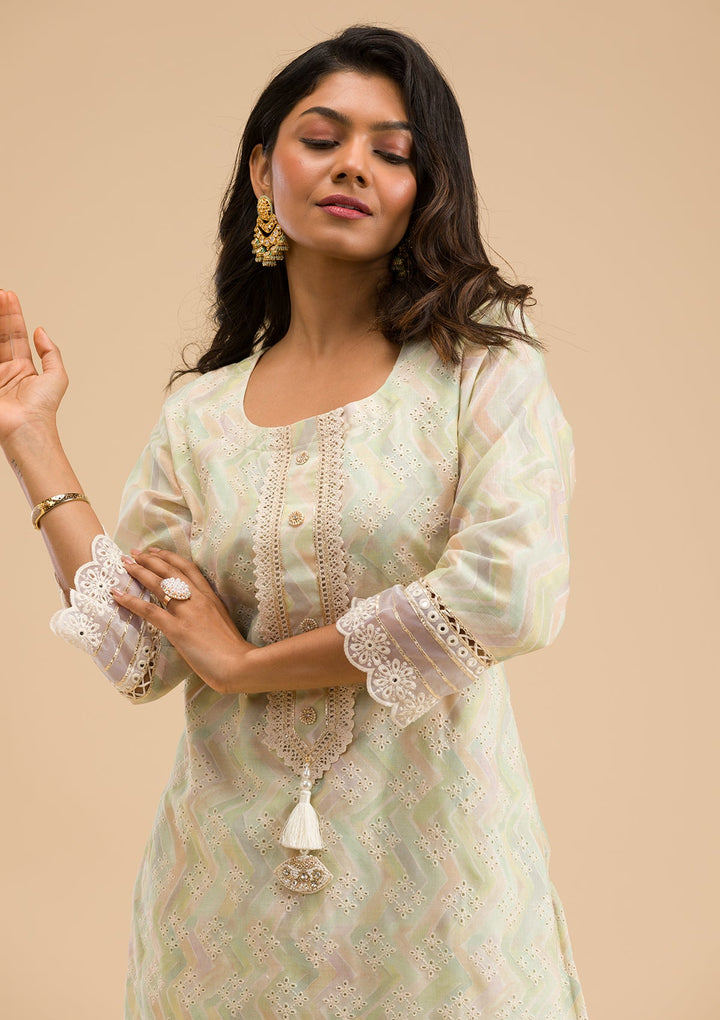 Pista Green Cutwork Cotton Readymade Salwar Kameez-Koskii