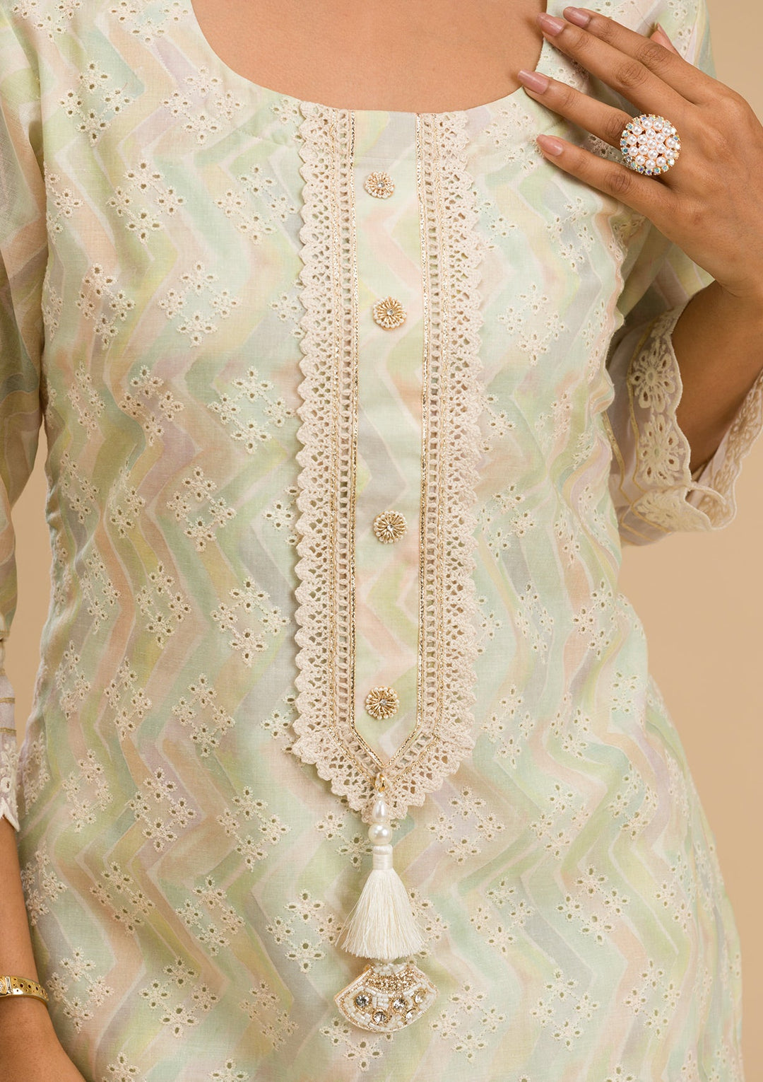 Pista Green Cutwork Cotton Readymade Salwar Kameez-Koskii