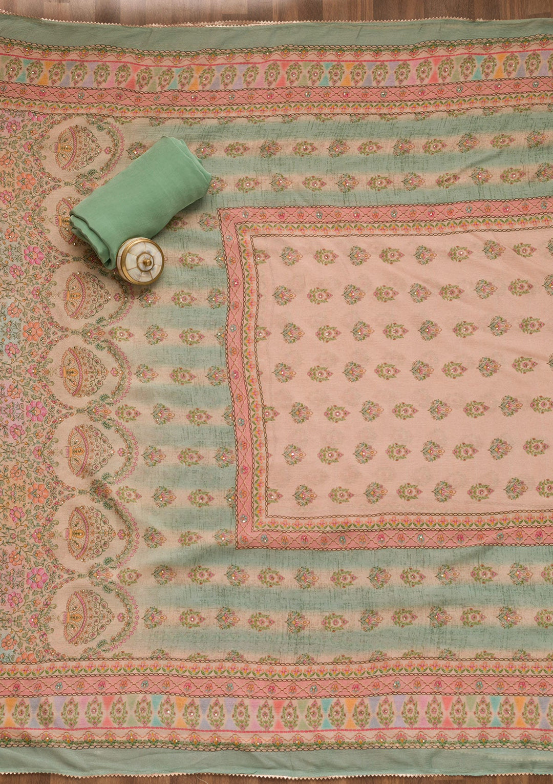 Pista Green Printed Crepe Unstitched Salwar Suit-Koskii