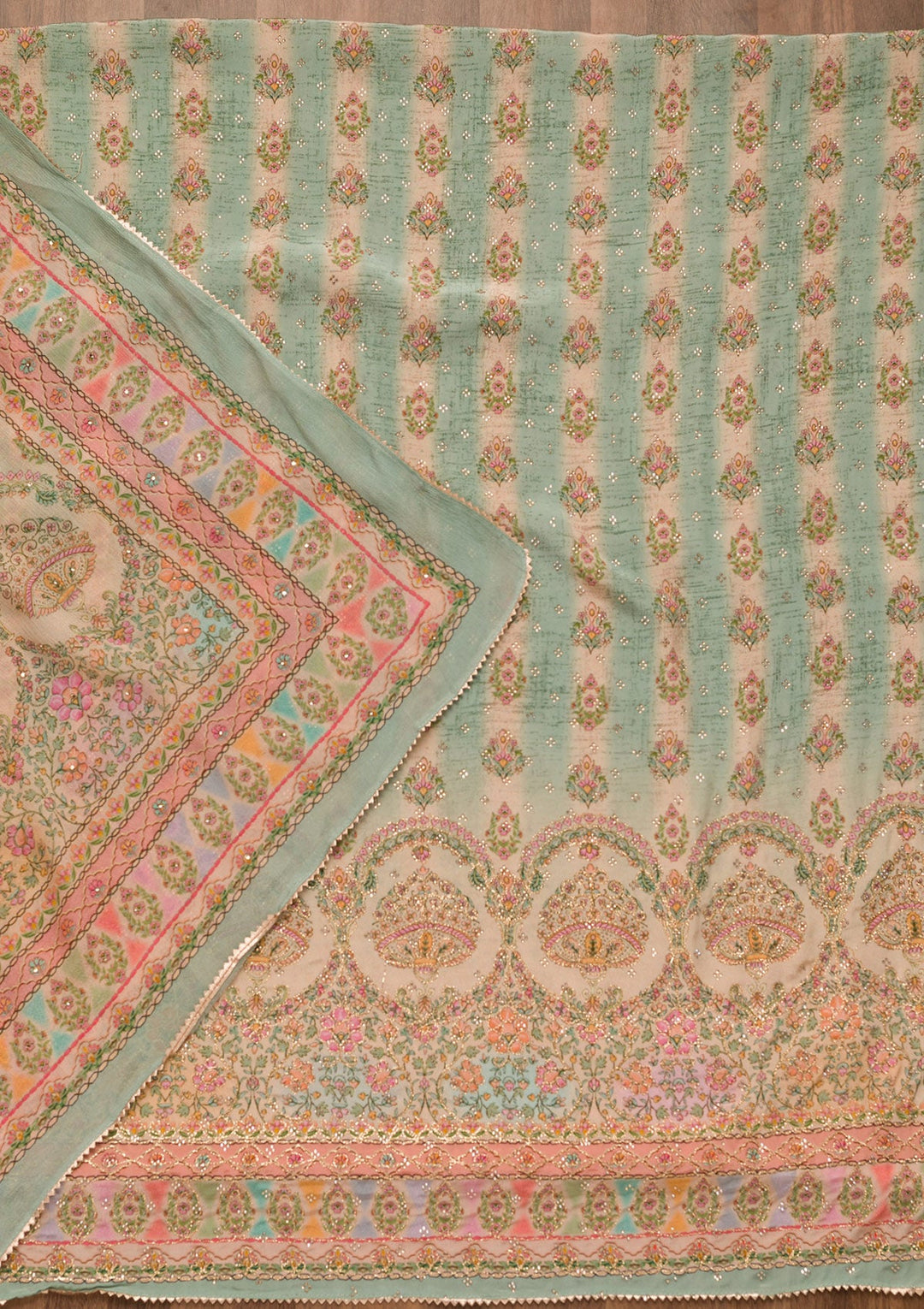 Pista Green Printed Crepe Unstitched Salwar Suit-Koskii