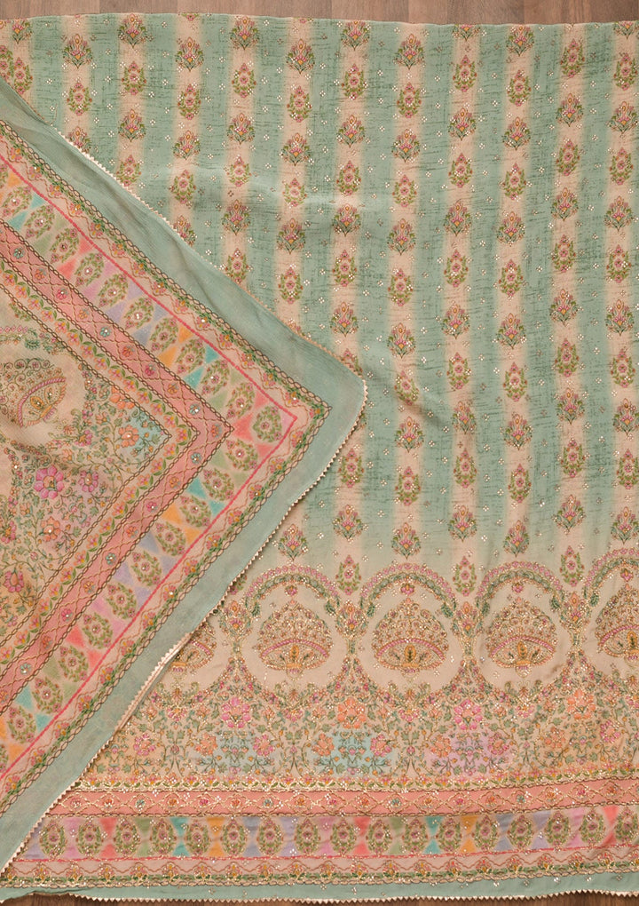 Pista Green Printed Crepe Unstitched Salwar Suit-Koskii